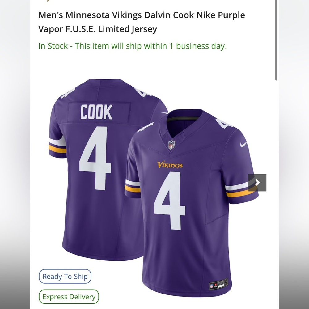 Nike Vapor Fuse Vikings Cook Jersey - XL